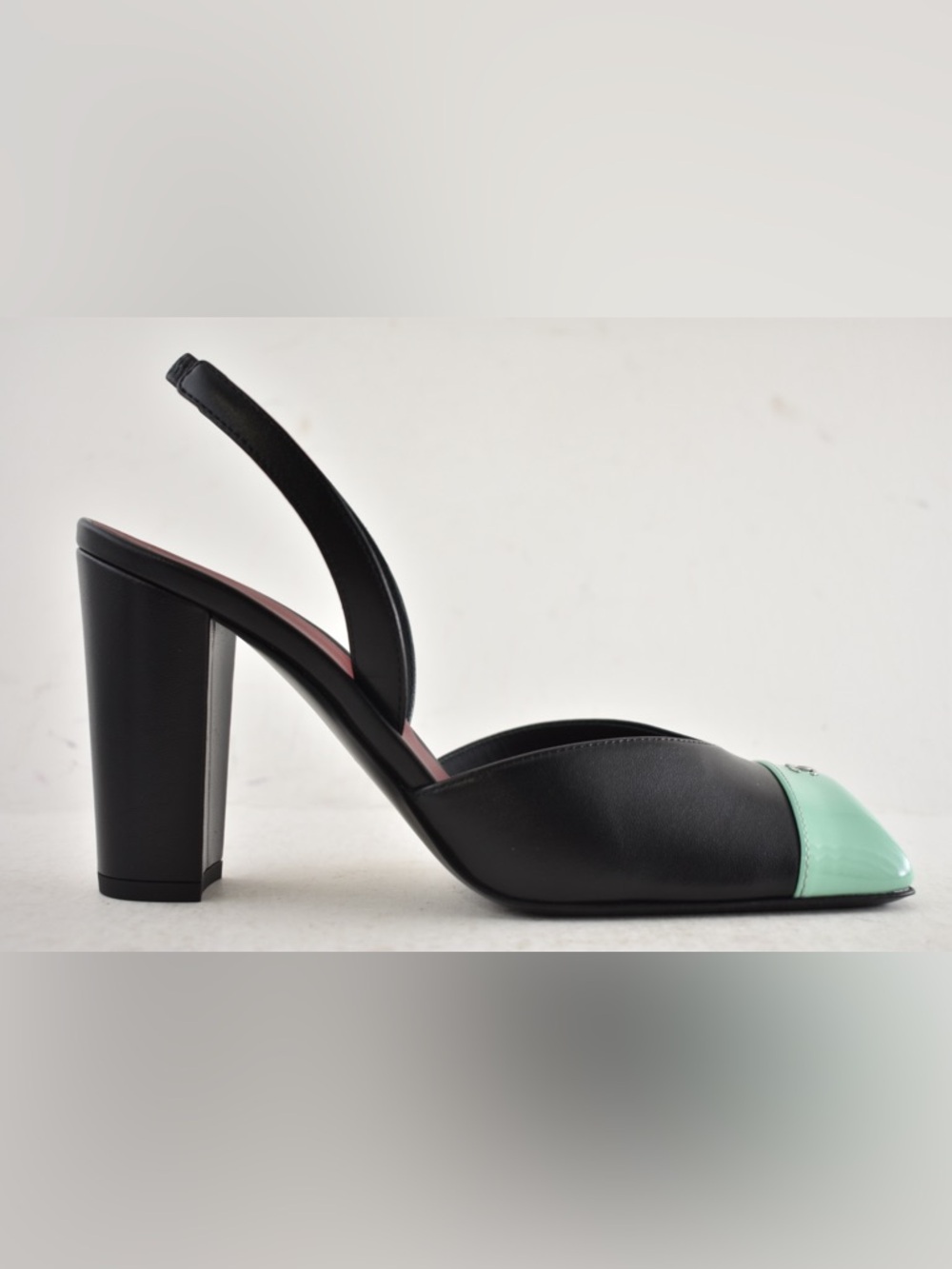 Chanel 26S Blazy Black Mint Green Square CC Sling Slingback Block Heel Pump 37.5 - Picture 2 of 16